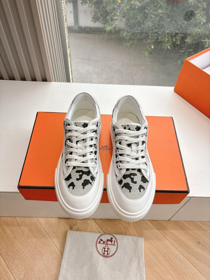 Hermes Women White Canvas Leopard Print Sneakers
