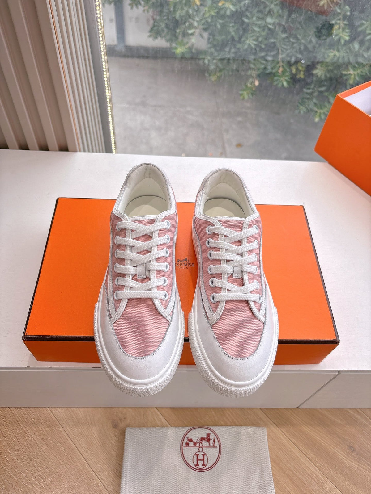 Hermes Women Pink Canvas And White Leather Sneakers