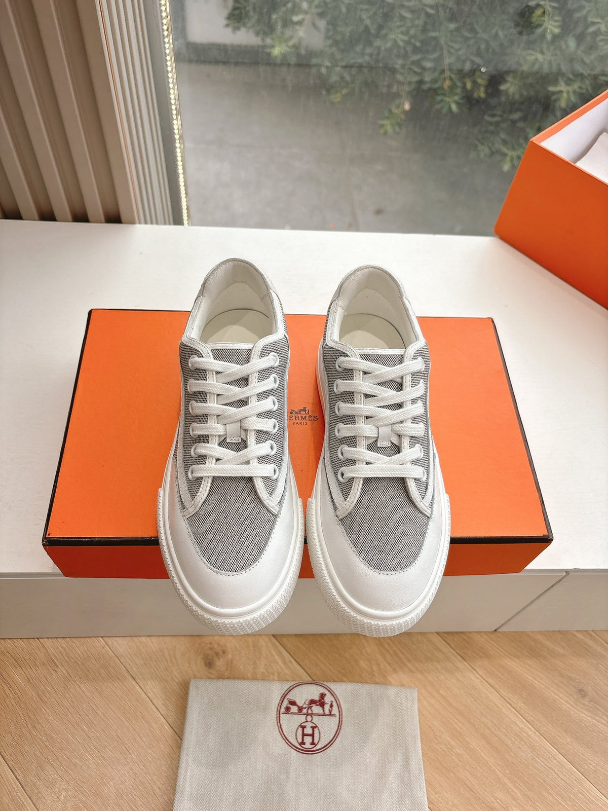 Hermes Women White Gray Mesh Canvas Sneakers