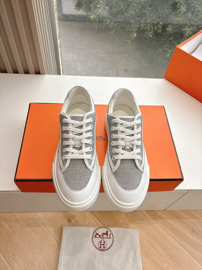 Hermes Women White Gray Mesh Canvas Sneakers