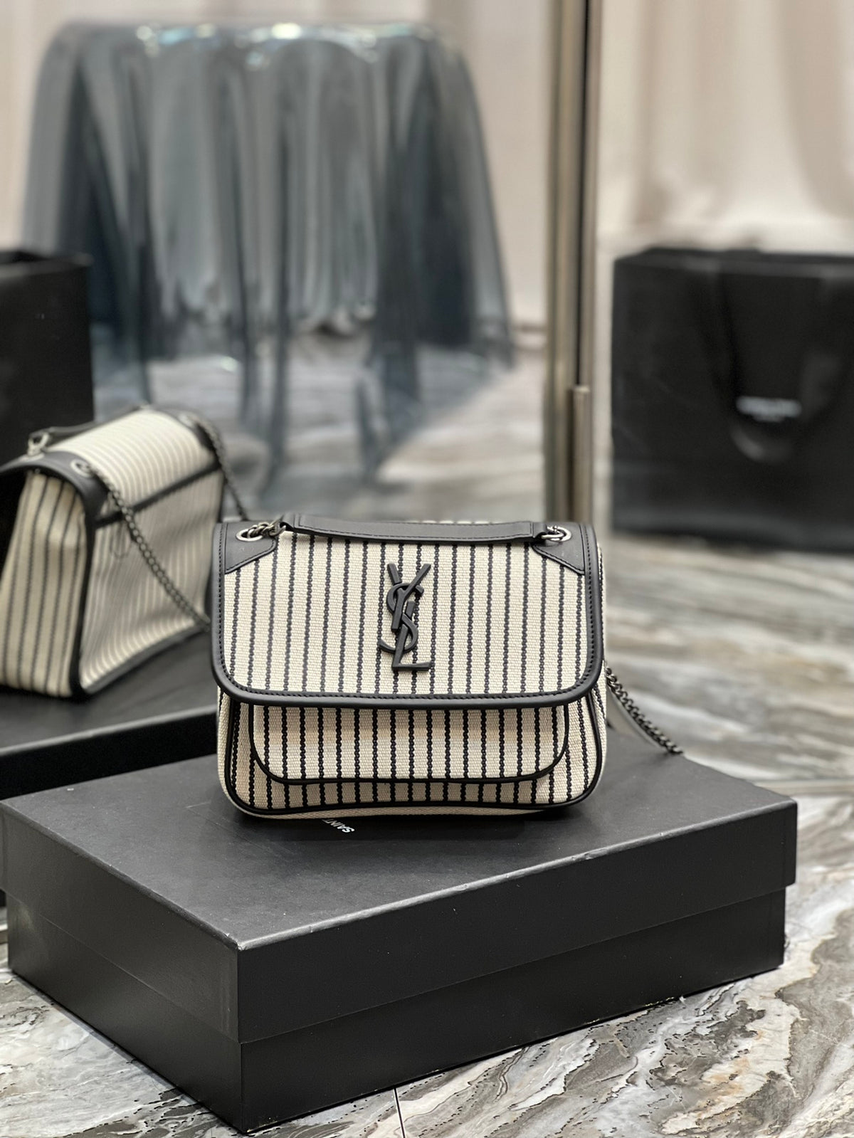 Saint Laurent Cotton Canvas Striped Vintage Calfskin Monogram Medium Niki Chain Satchel