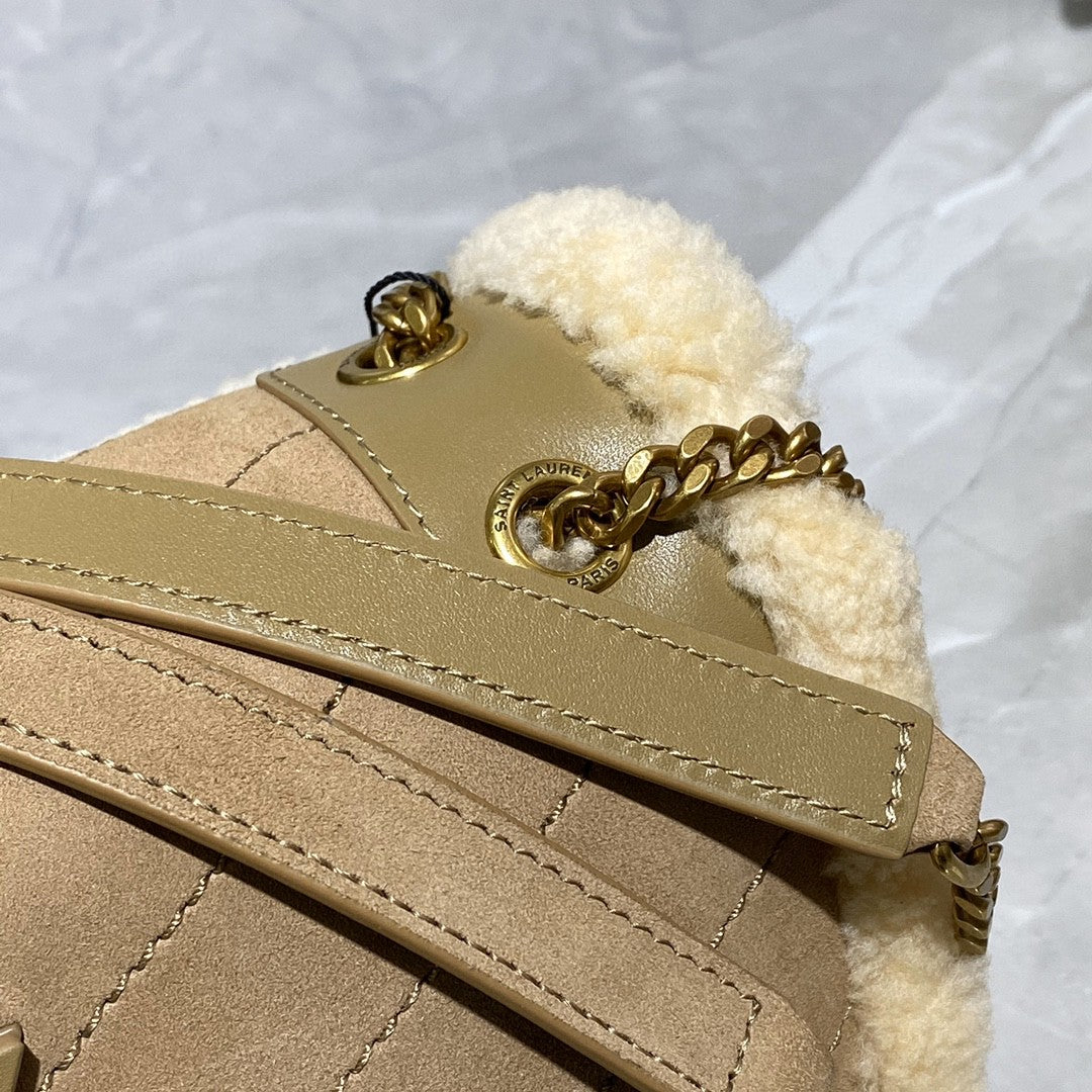 Saint Laurent Medium Niki Shoulder Bag in Tan/Cream Nubuck and Shearling Brown Beige