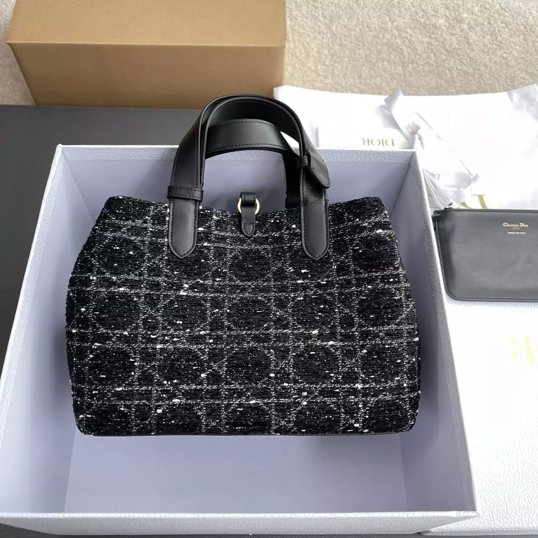 Christian Dior Calfskin Tweed Cannage Medium Toujours Black White