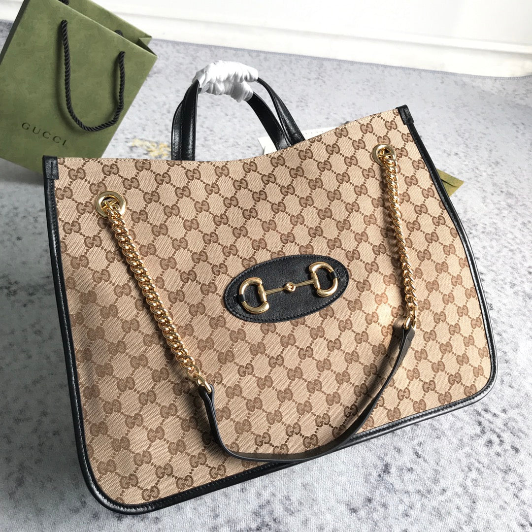 Gucci Brown Large GG Canvas 1955 Horsebit Chain Tote Beige