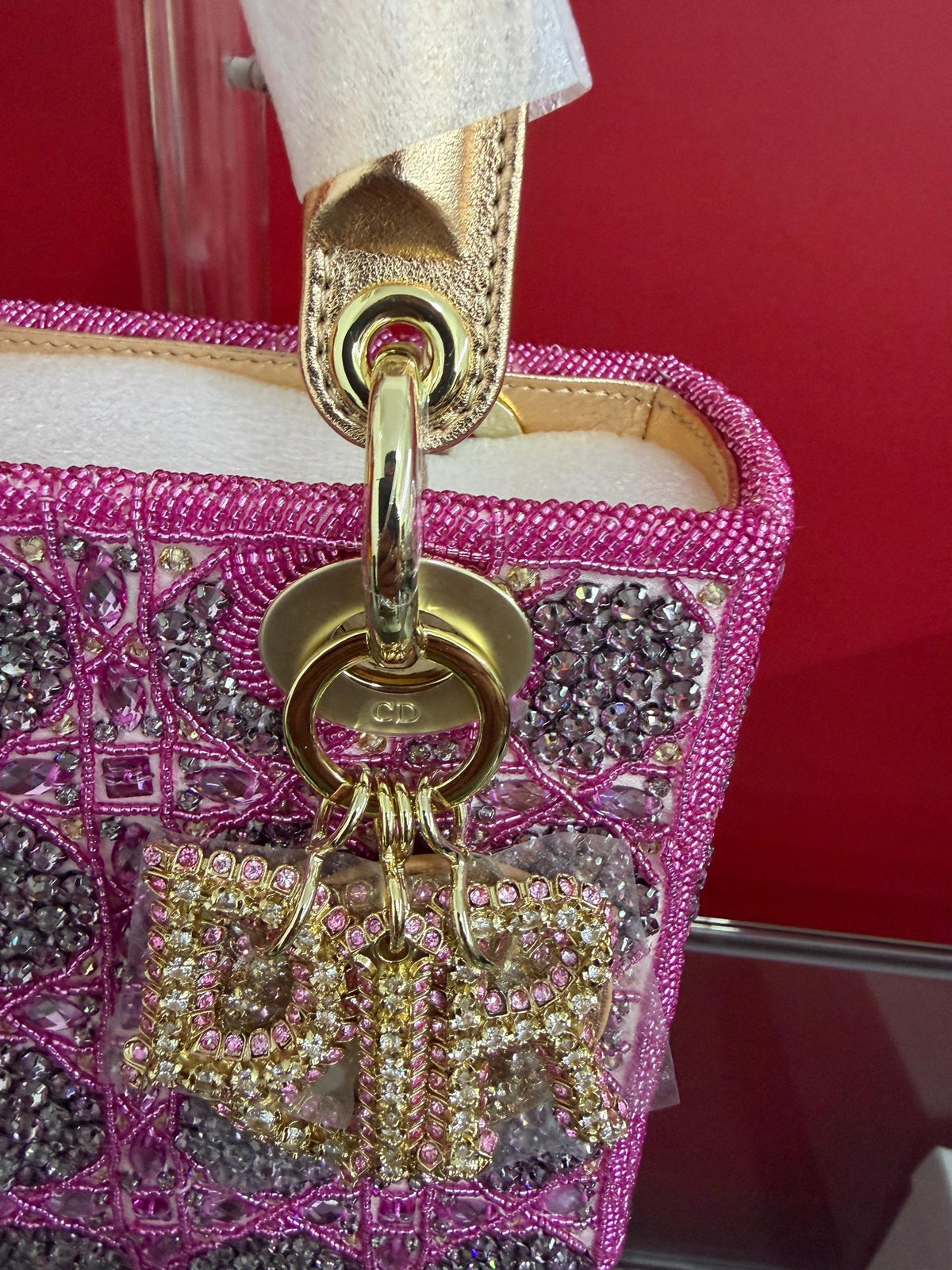 LADY DIOR BAG Metallic Calfskin &amp; Satin with Rose Des Vent