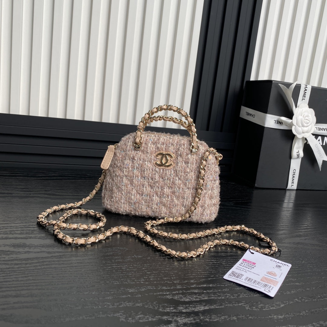 Chanel 24B Cc Quilted Chain Top Handle Pink Tweed / Sequin