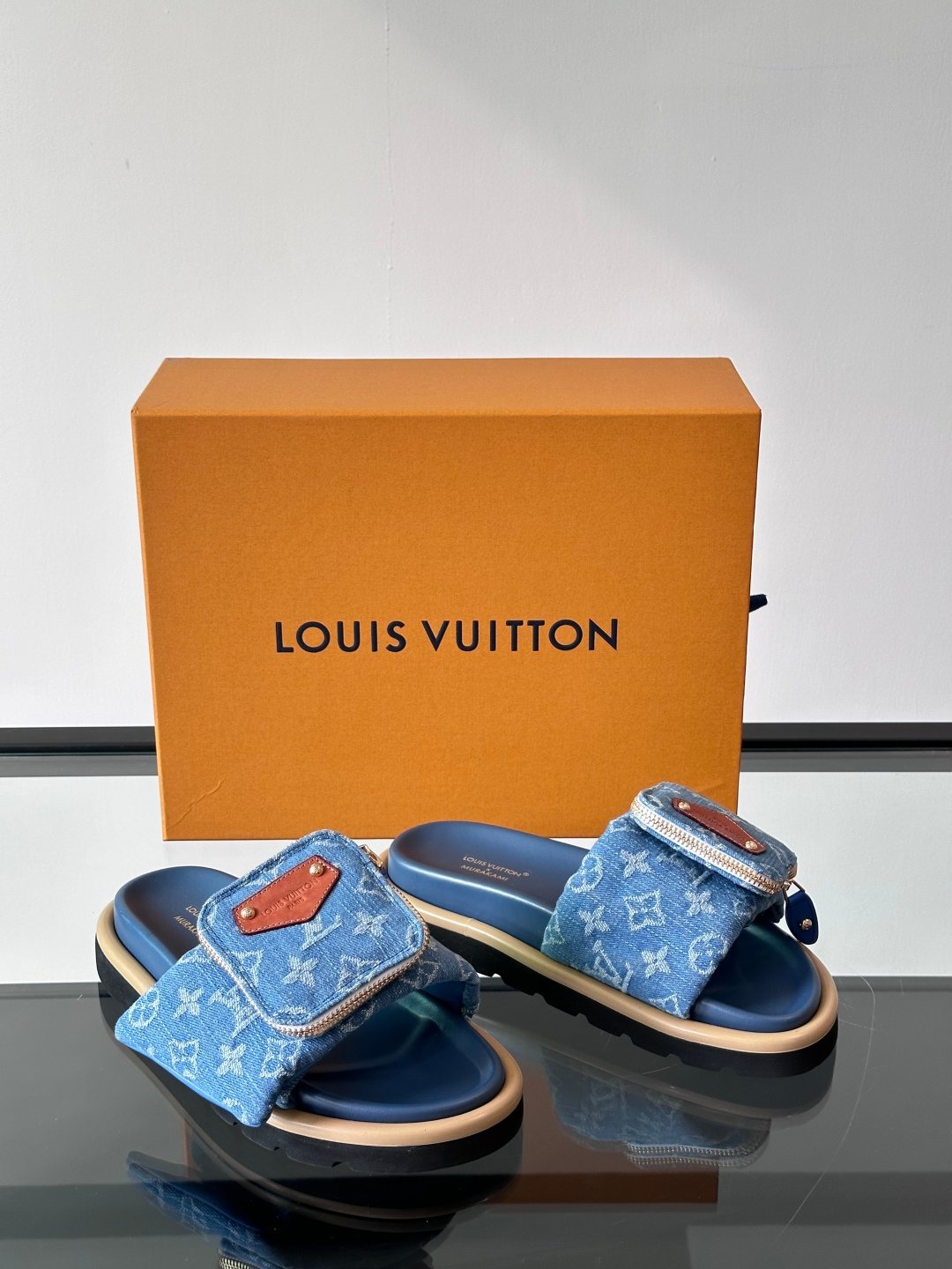 LV Men Blue Denim Slides
