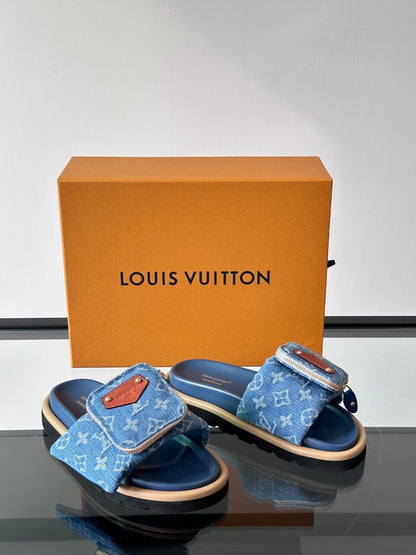 LV Men Blue Denim Slides