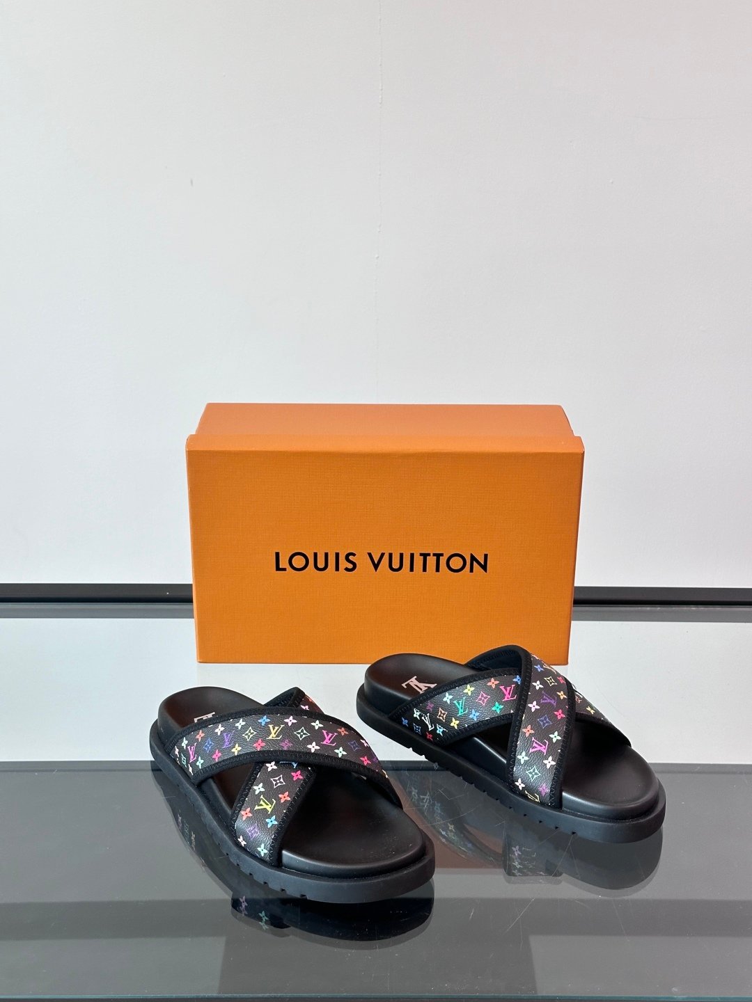 LV Men Black Multicolor Canvas Slides