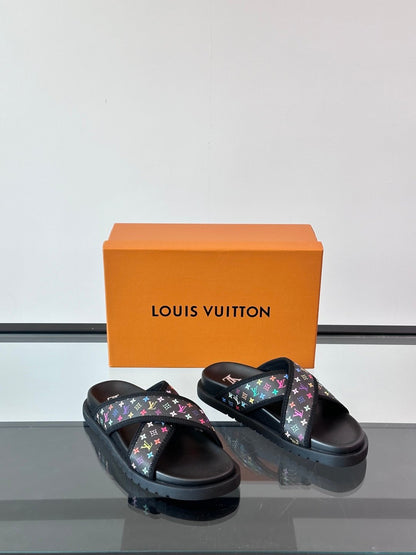 LV Men Black Multicolor Canvas Slides