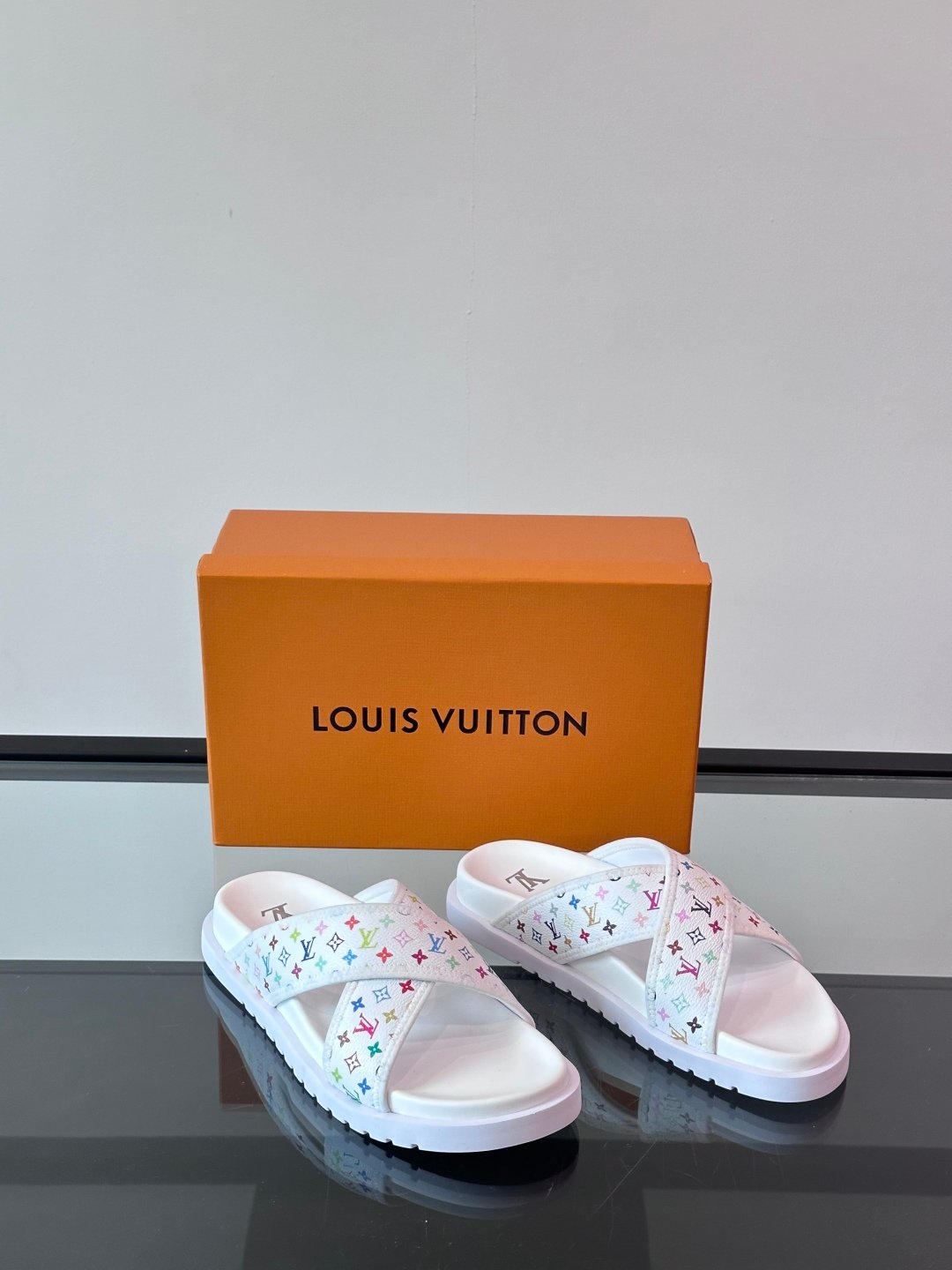 LV Men White Multicolor Leather Slides