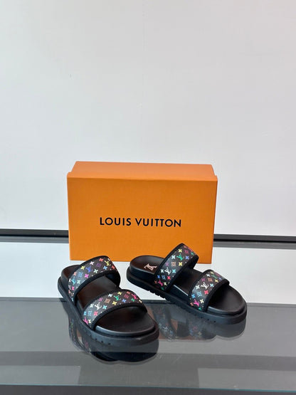 LV Men Black Canvas Double Strap Slides