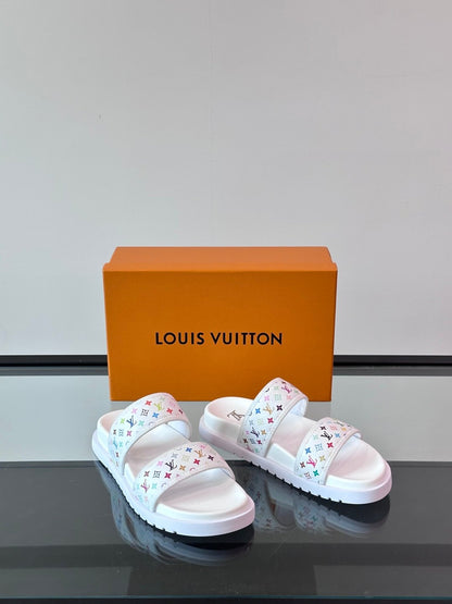 LV Men White Canvas Multicolor Logo Slides