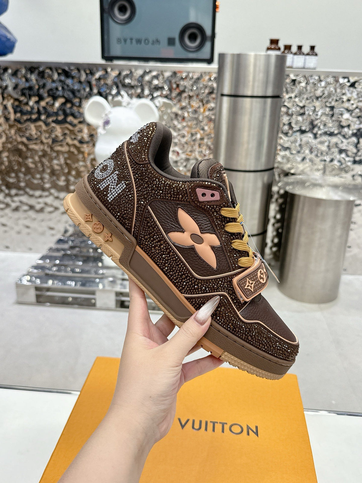 LV Women Brown Leather Sparkle Strap Sneakers