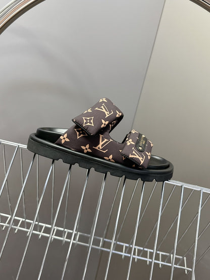 LV Women Black Brown Patterned Fabric Sandals