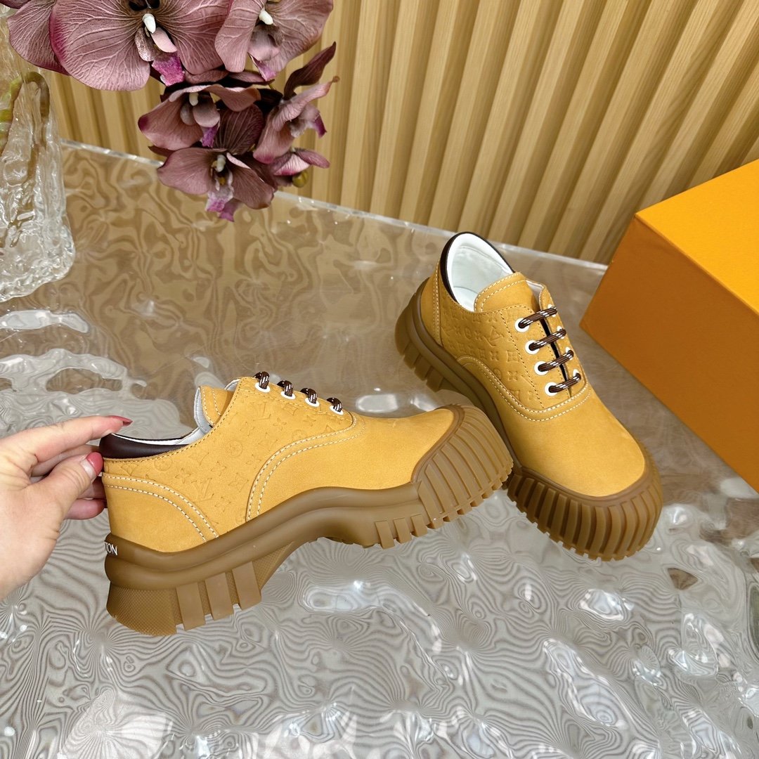 LV Women Mustard Suede Lace-Up Sneakers
