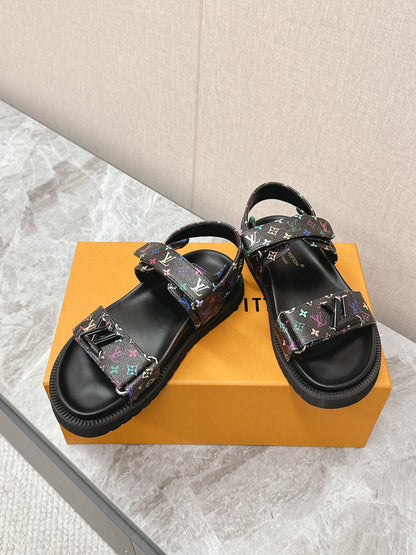 LV Women Black Multi Leather Strap Sandals