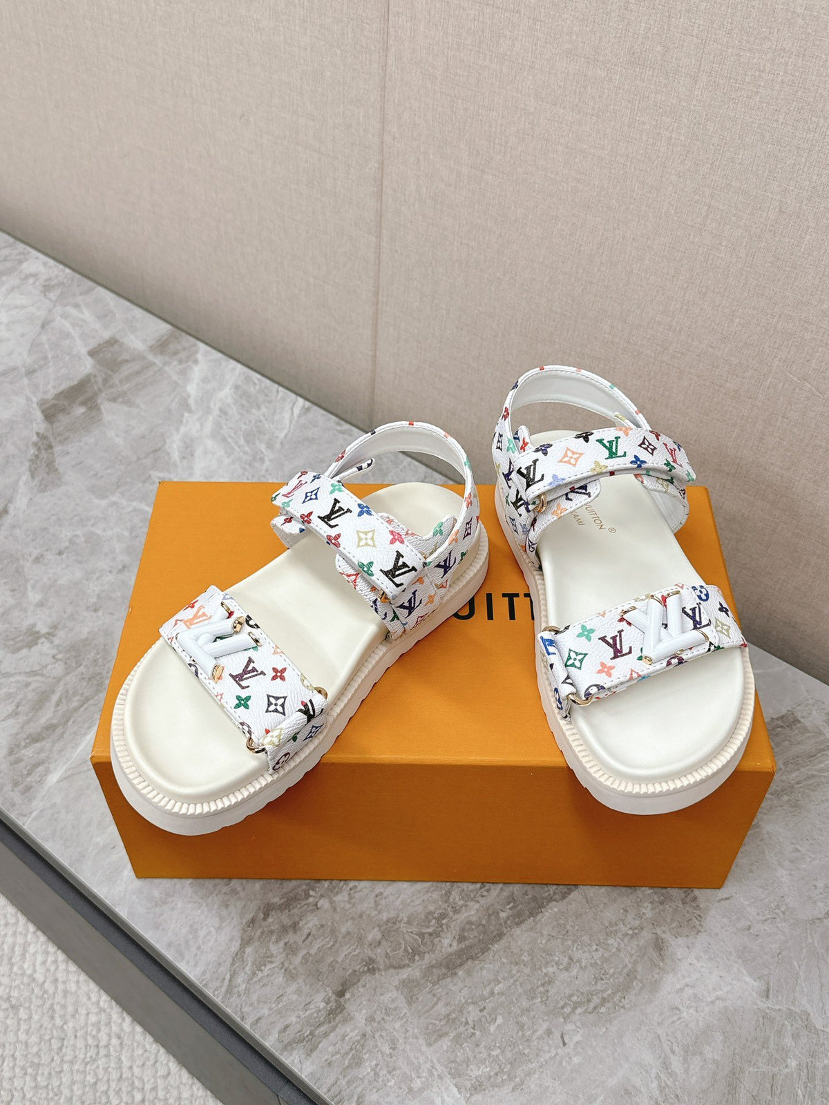 LV Women White Patterned Fabric Sandals
