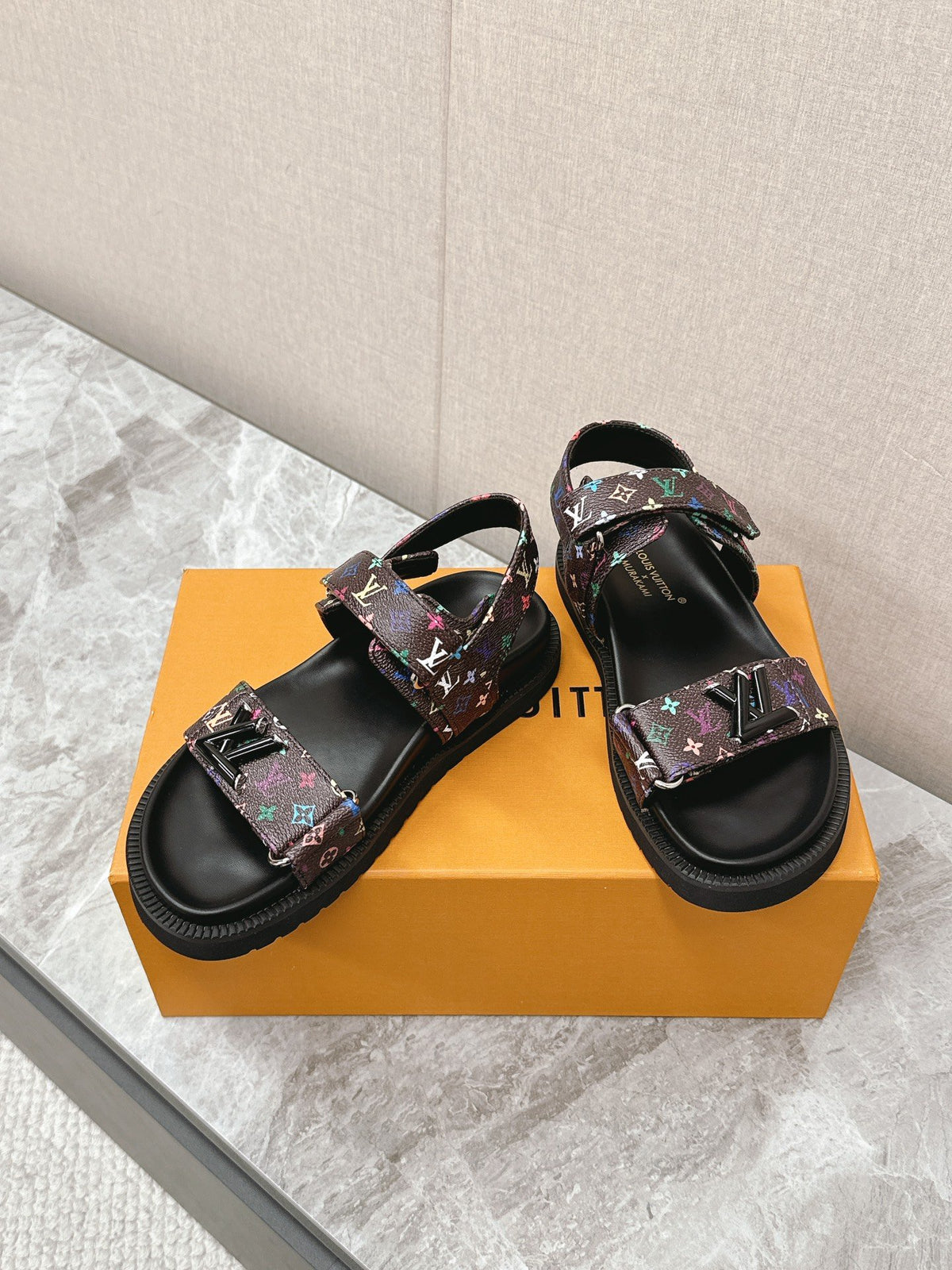 LV Women Multicolor Canvas Strap Black Sandals