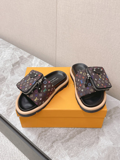 LV Women Black Multicolor Canvas Comfort Mules