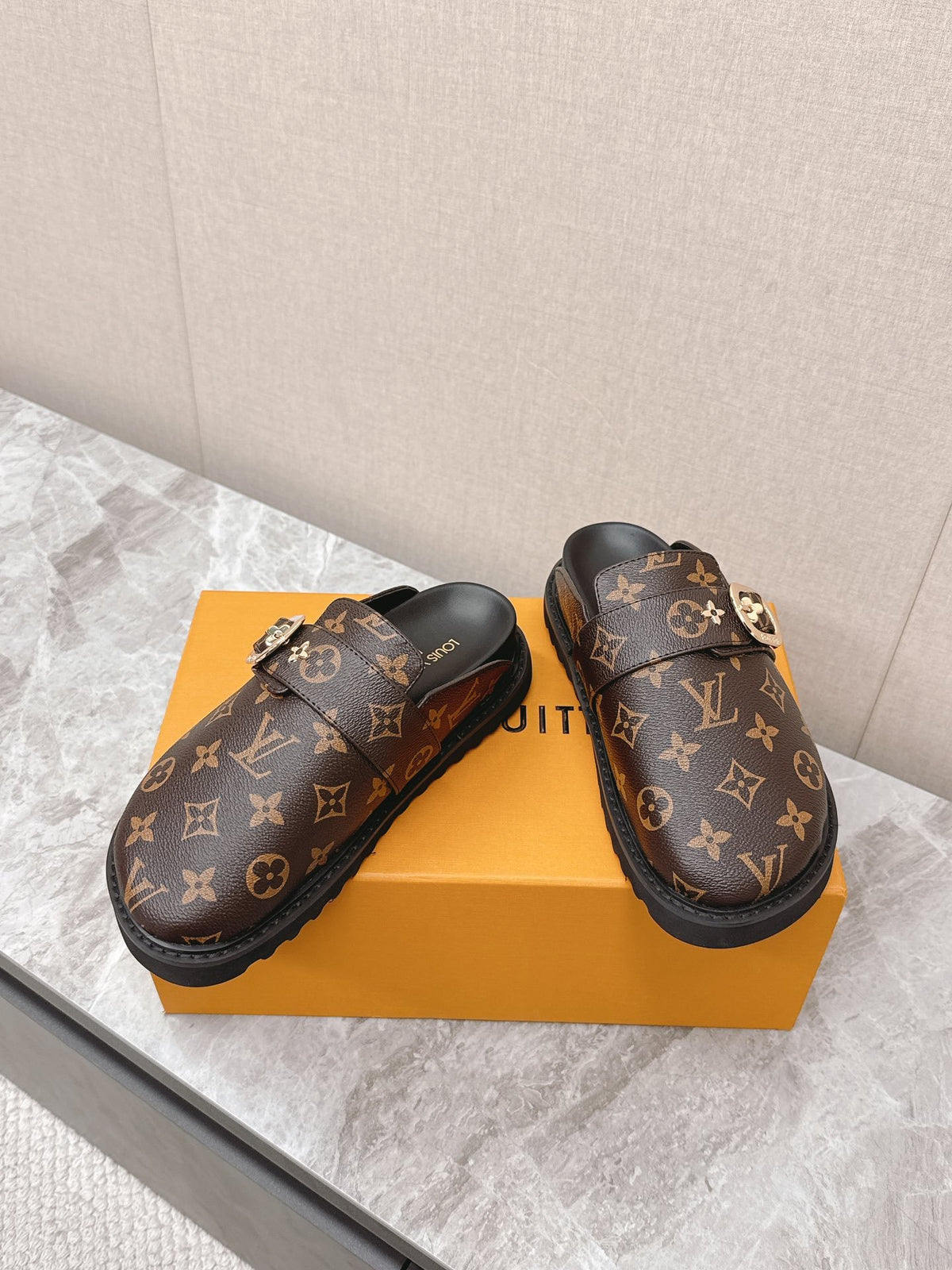LV Women Brown Leather Monogram Mules