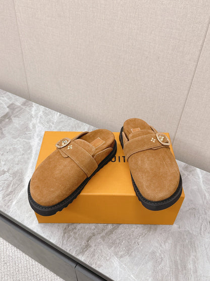 LV Women Brown Suede Mules