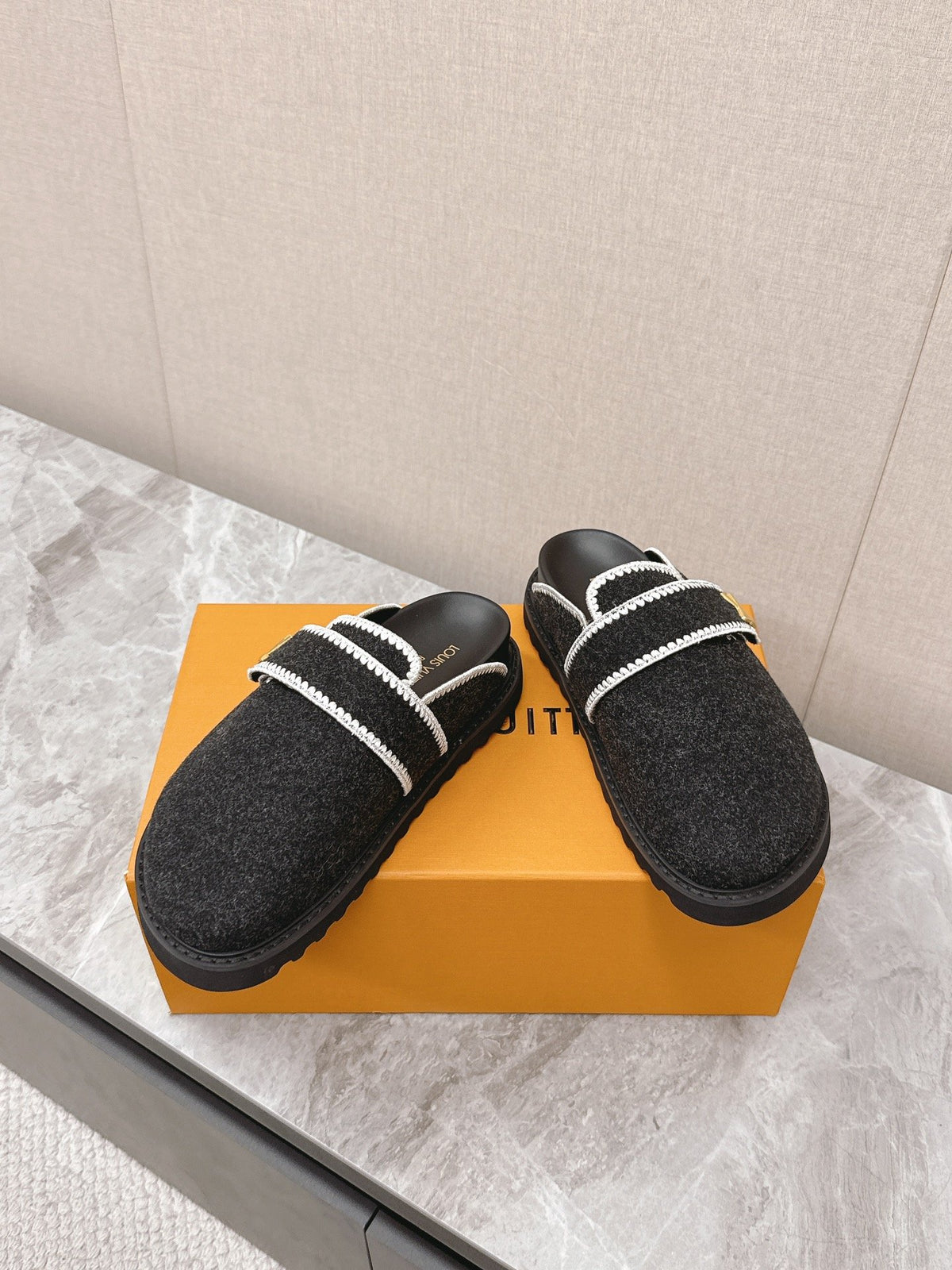 LV Women Black Felt Leather Trim Mules