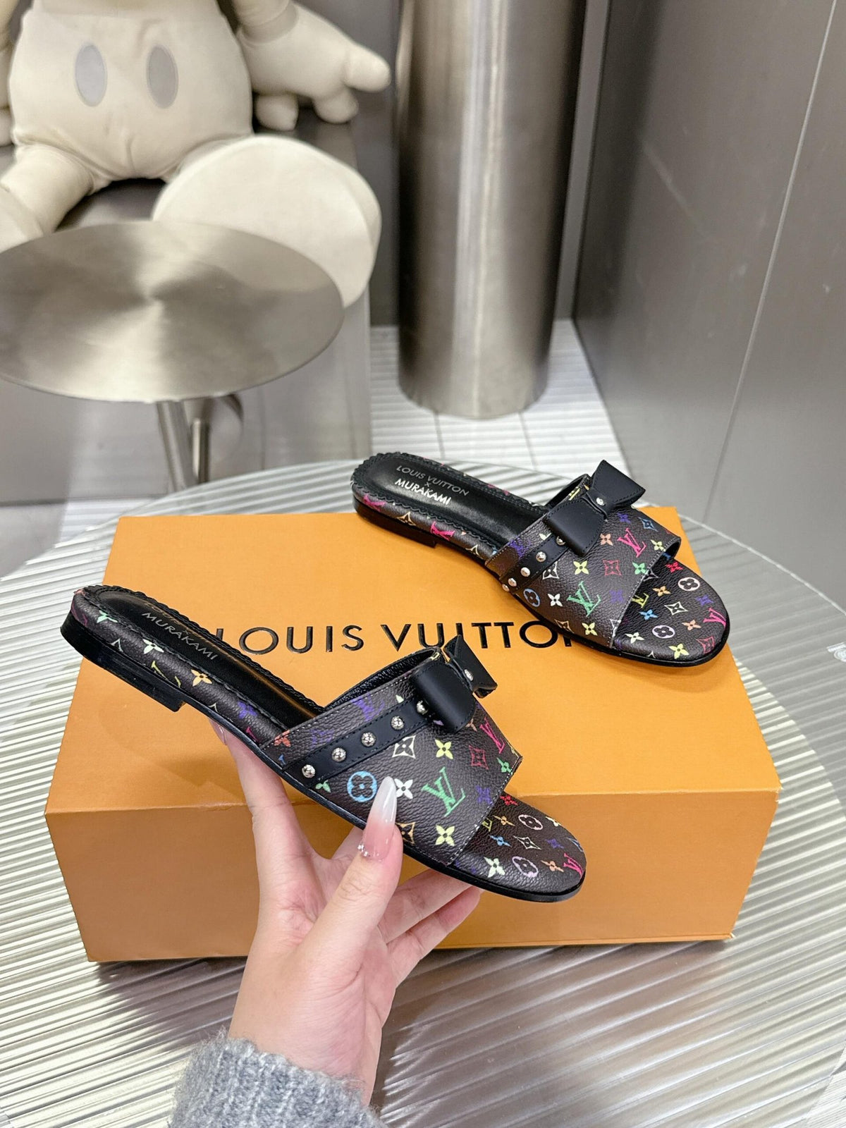 LV Women Black Patterned Leather Bow Slide Sandals