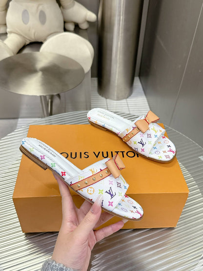 LV Women White Leather Multicolor Monogram Mules