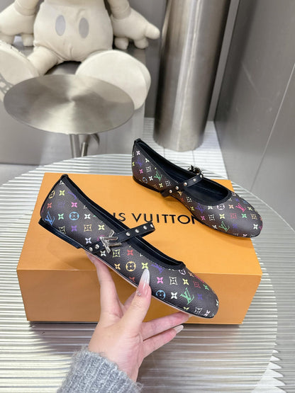 LV Women Black Leather Multicolor Monogram Mary Jane Flats