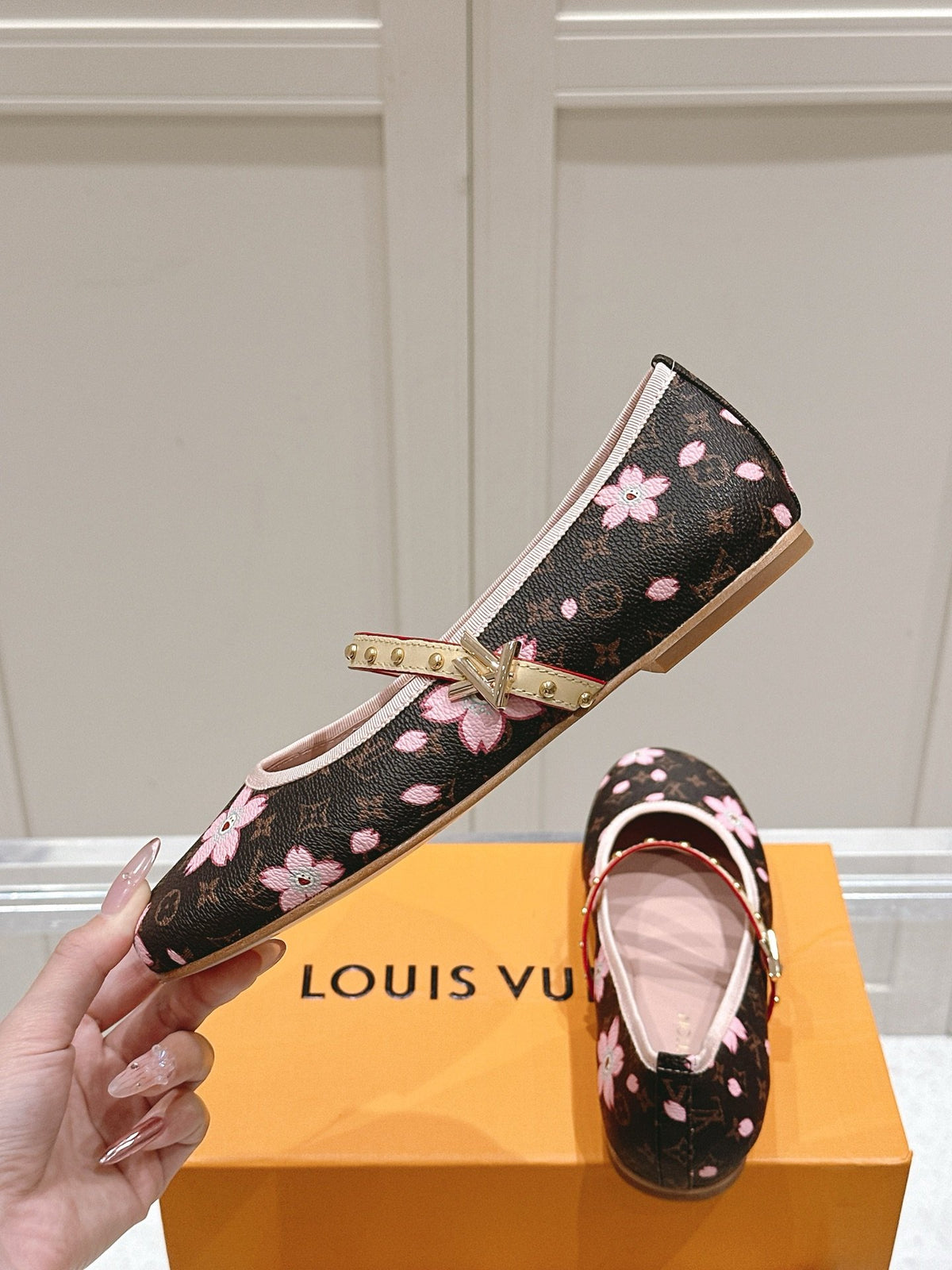 LV Women Brown Canvas Pink Floral Patterned Flats