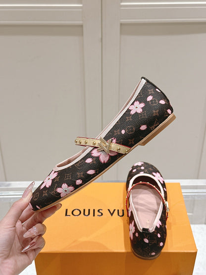 LV Women Brown Canvas Pink Floral Patterned Flats