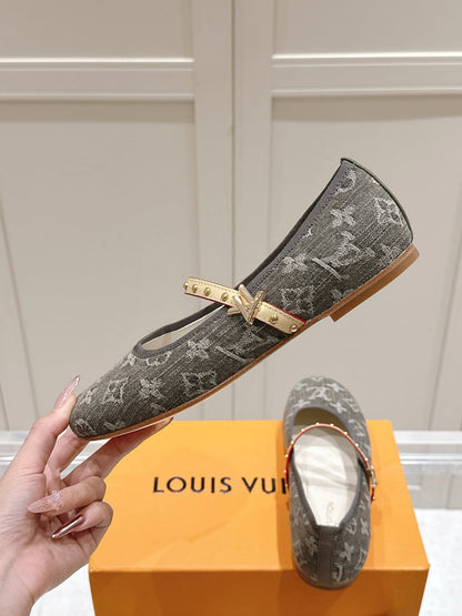 LV Women Gray Fabric Studded Strap Flats