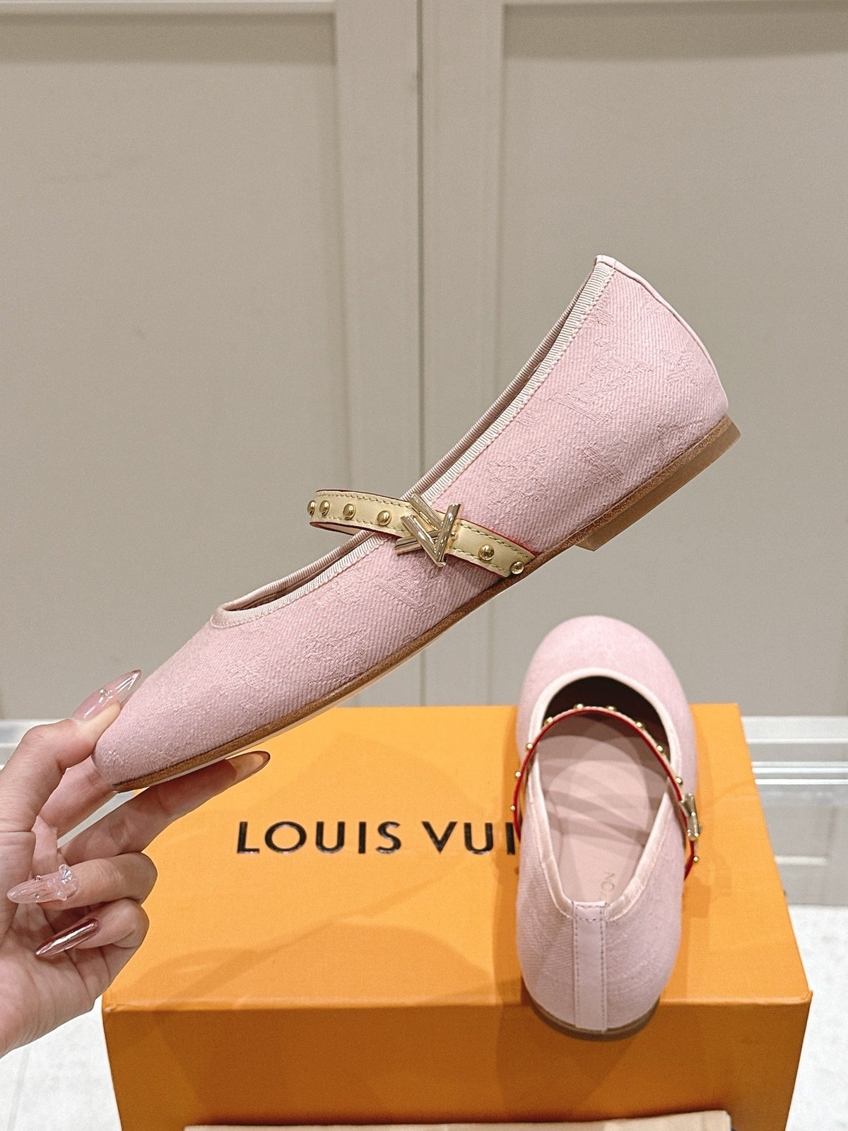LV Women Pink Fabric Mary Janes Heels