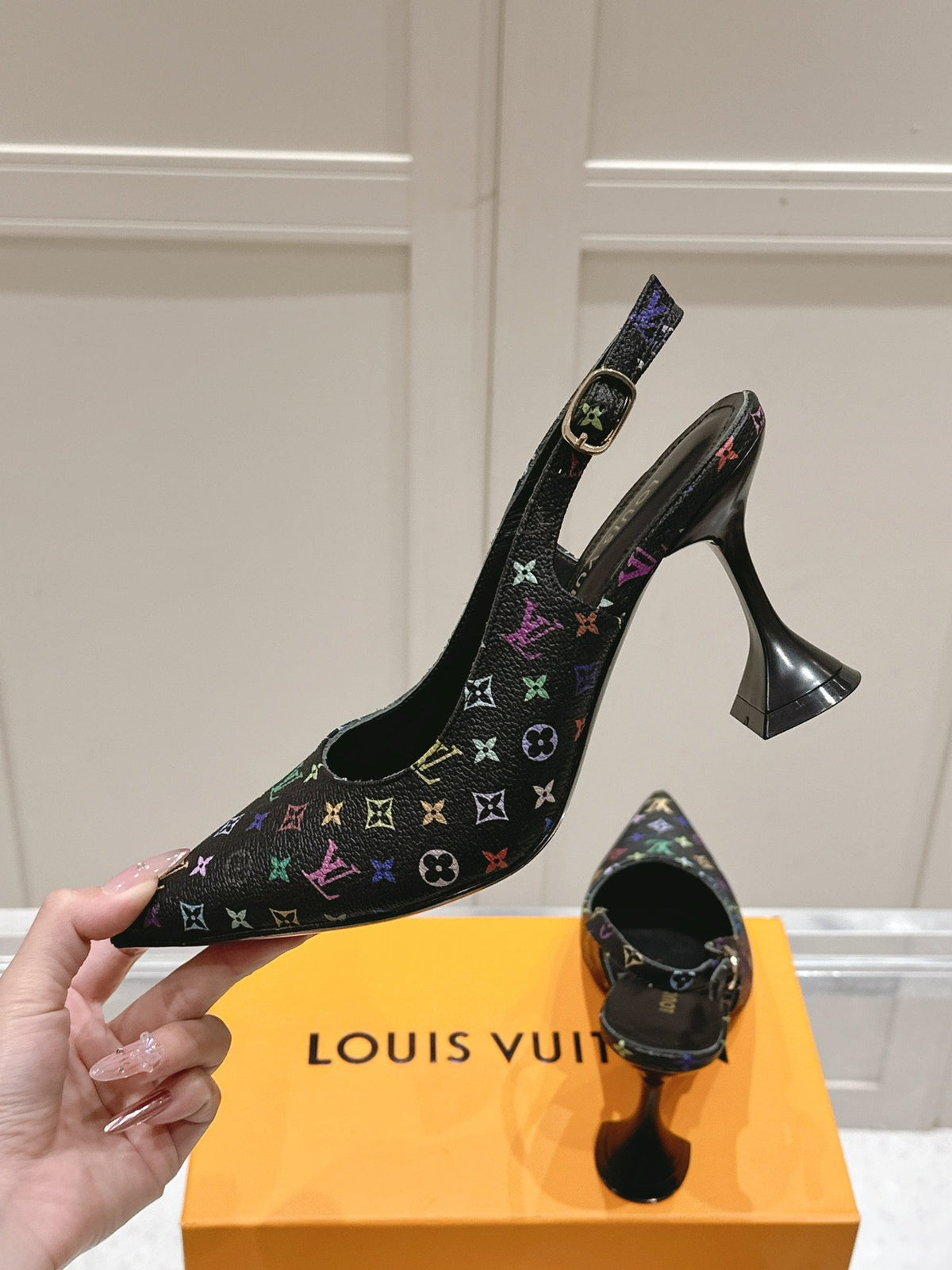 LV Women Black Patterned Leather Heels