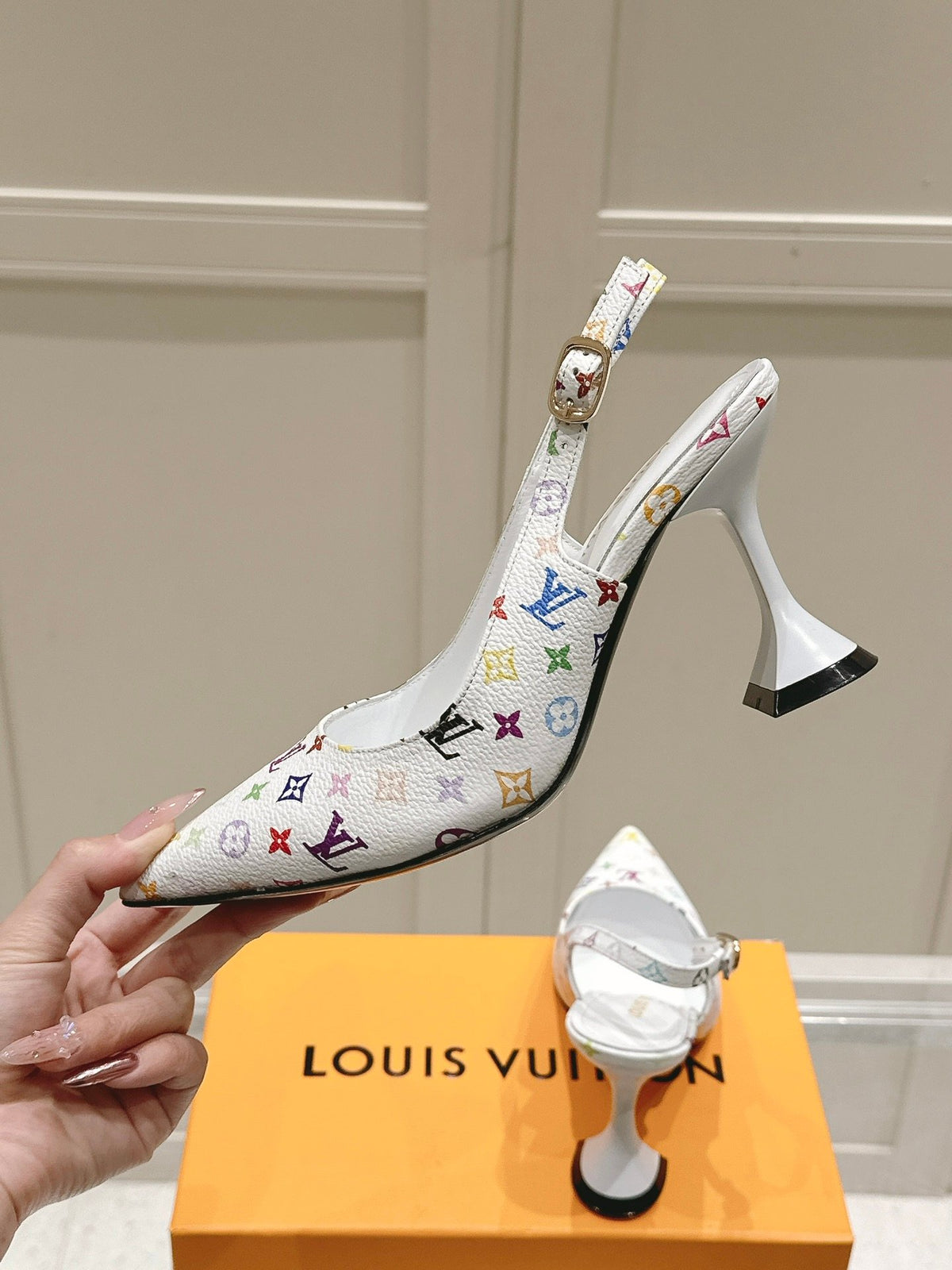 LV Women White Leather Multicolor Logo Heels