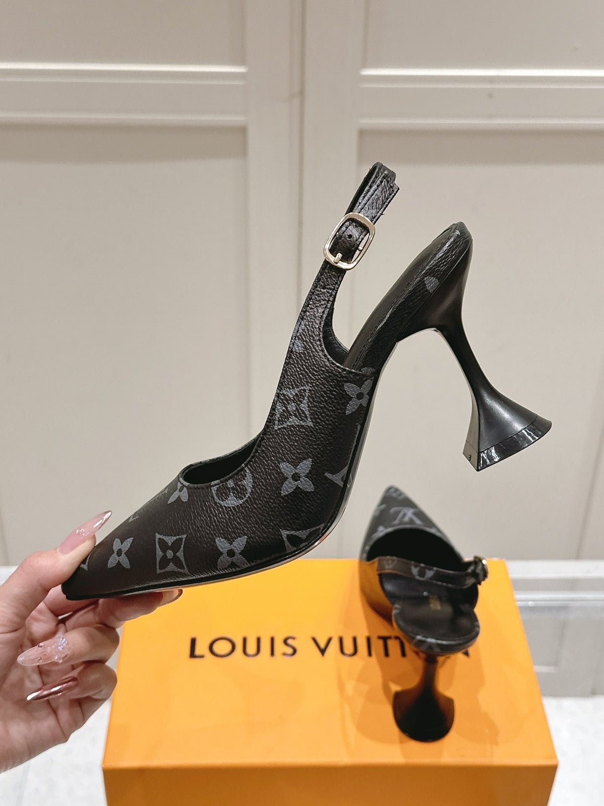 LV Women Black Patterned Leather Heels