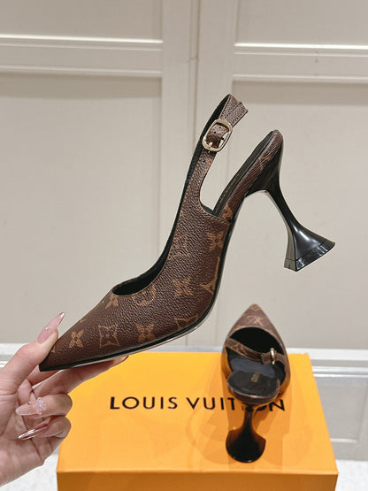 LV Women Brown Leather Patterned Slingback Heels