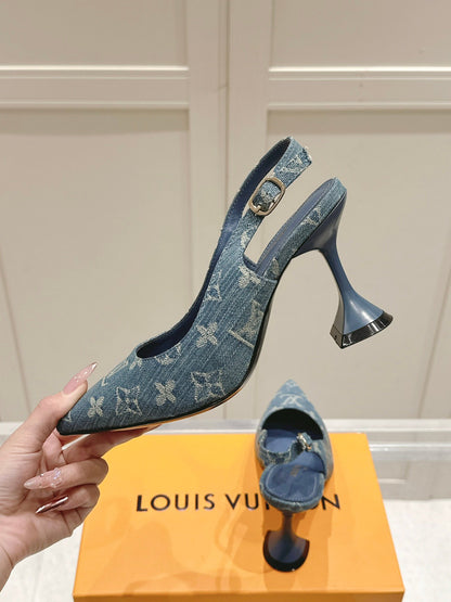 LV Women Blue Denim Leather Trim Slingback Heels