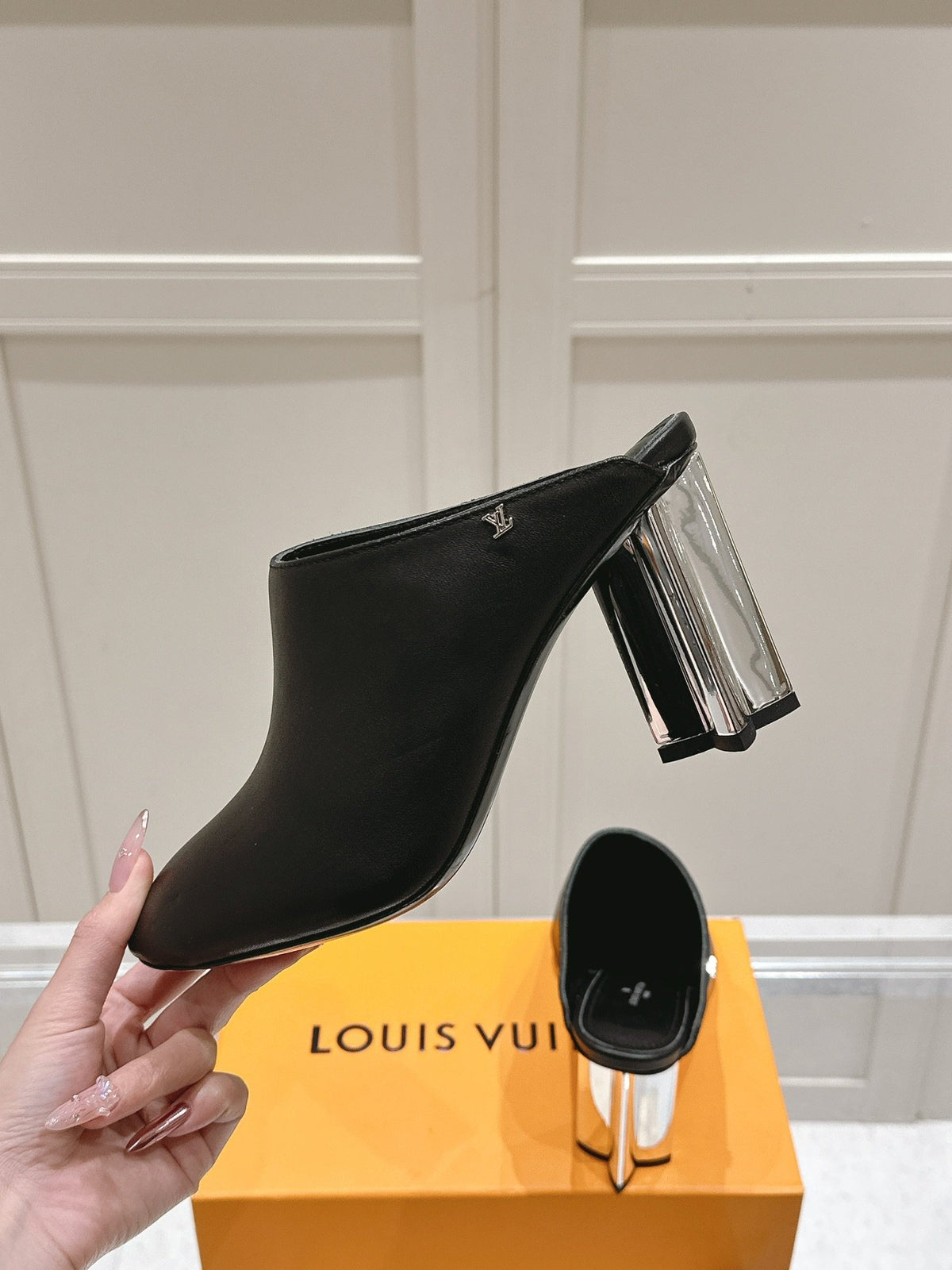 LV Women Black Leather Mules Heels