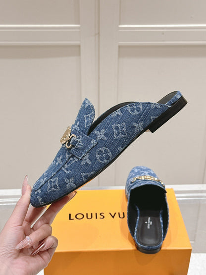 LV Women Blue Denim Leather Mules
