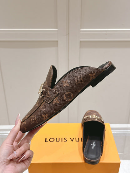 LV Women Brown Leather Mules