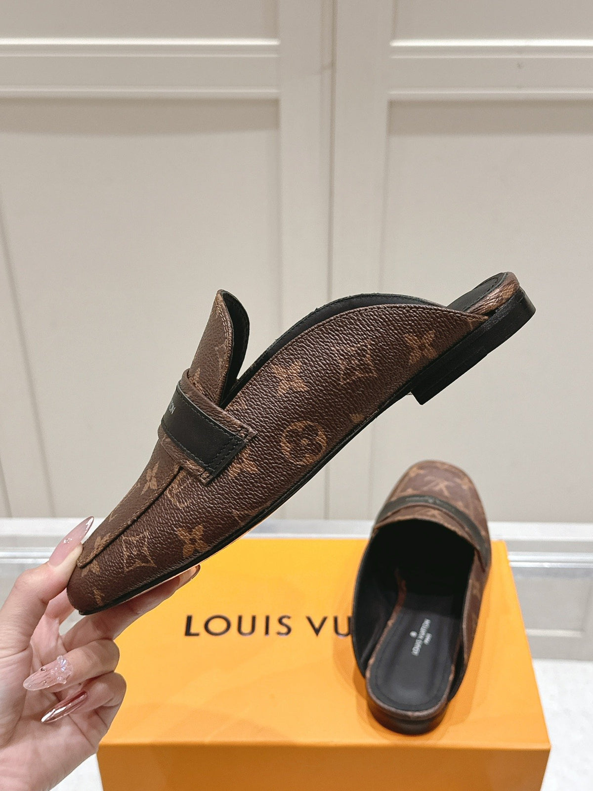 LV Women Brown Leather Monogram Mules