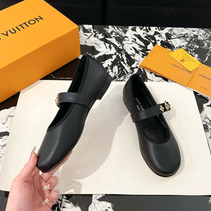 LV Women Black Leather Mary Jane Flats