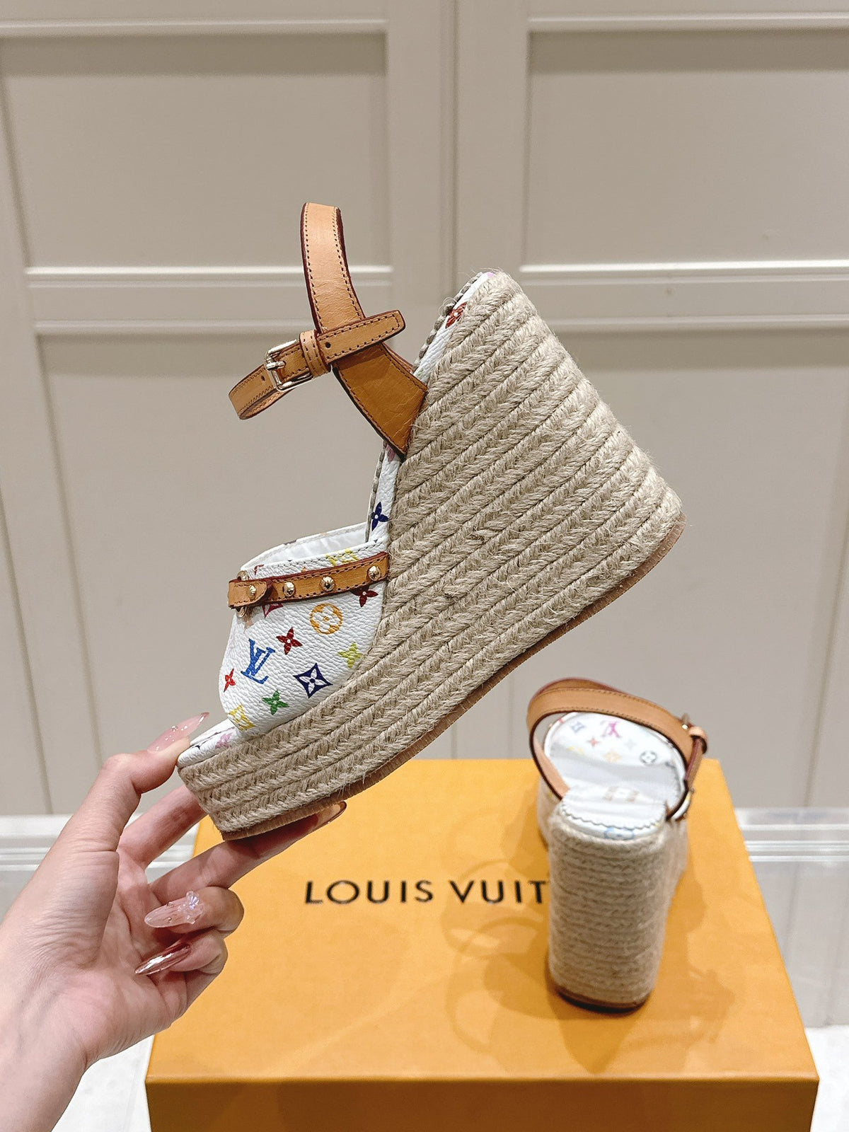 LV Women White Leather Multicolor Print Wedge Sandals