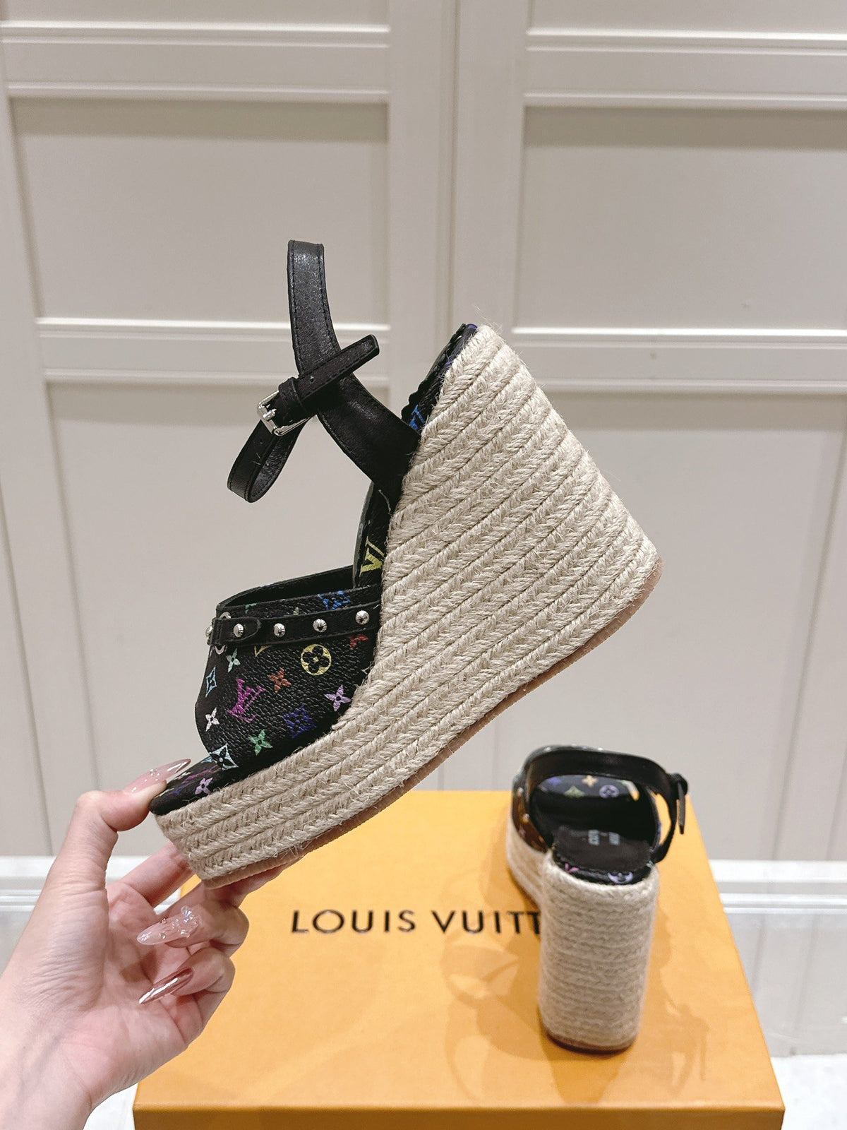 LV Women Black Leather Espadrille Wedge Sandals