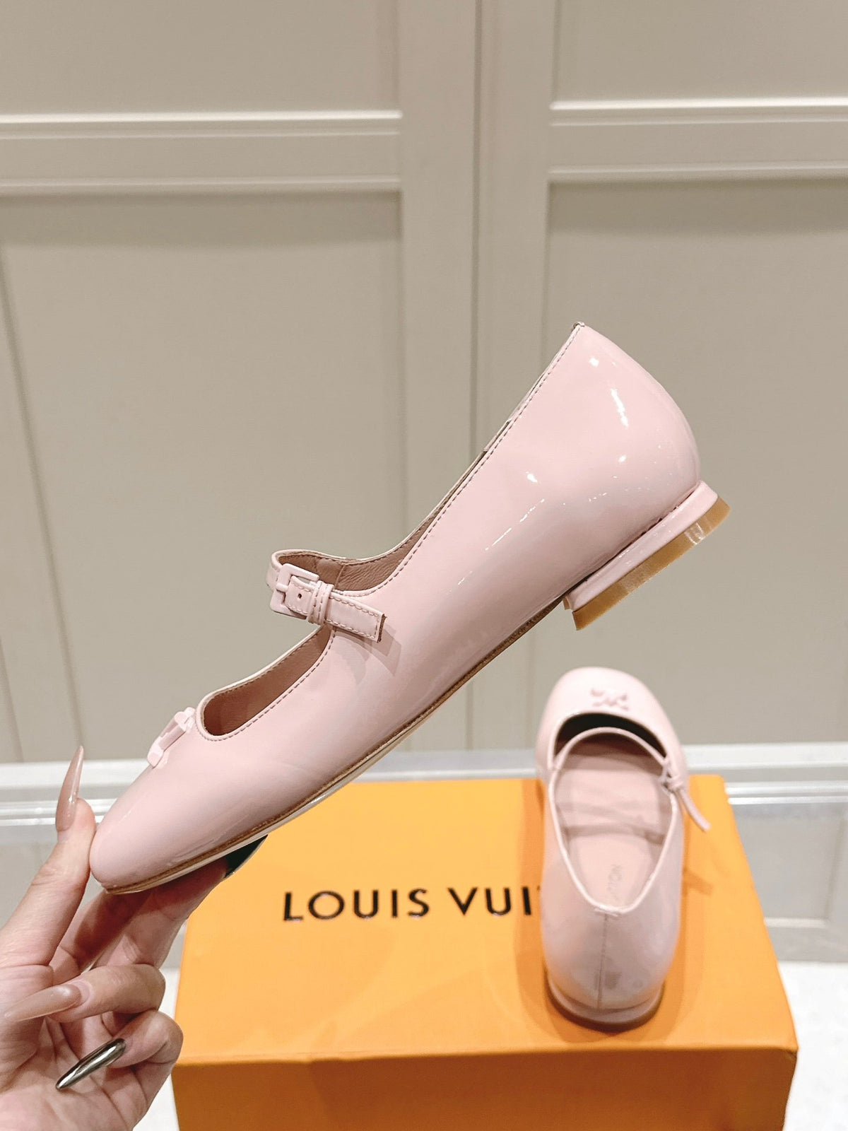 LV Women Light Pink Patent Leather Mary Jane Loafers