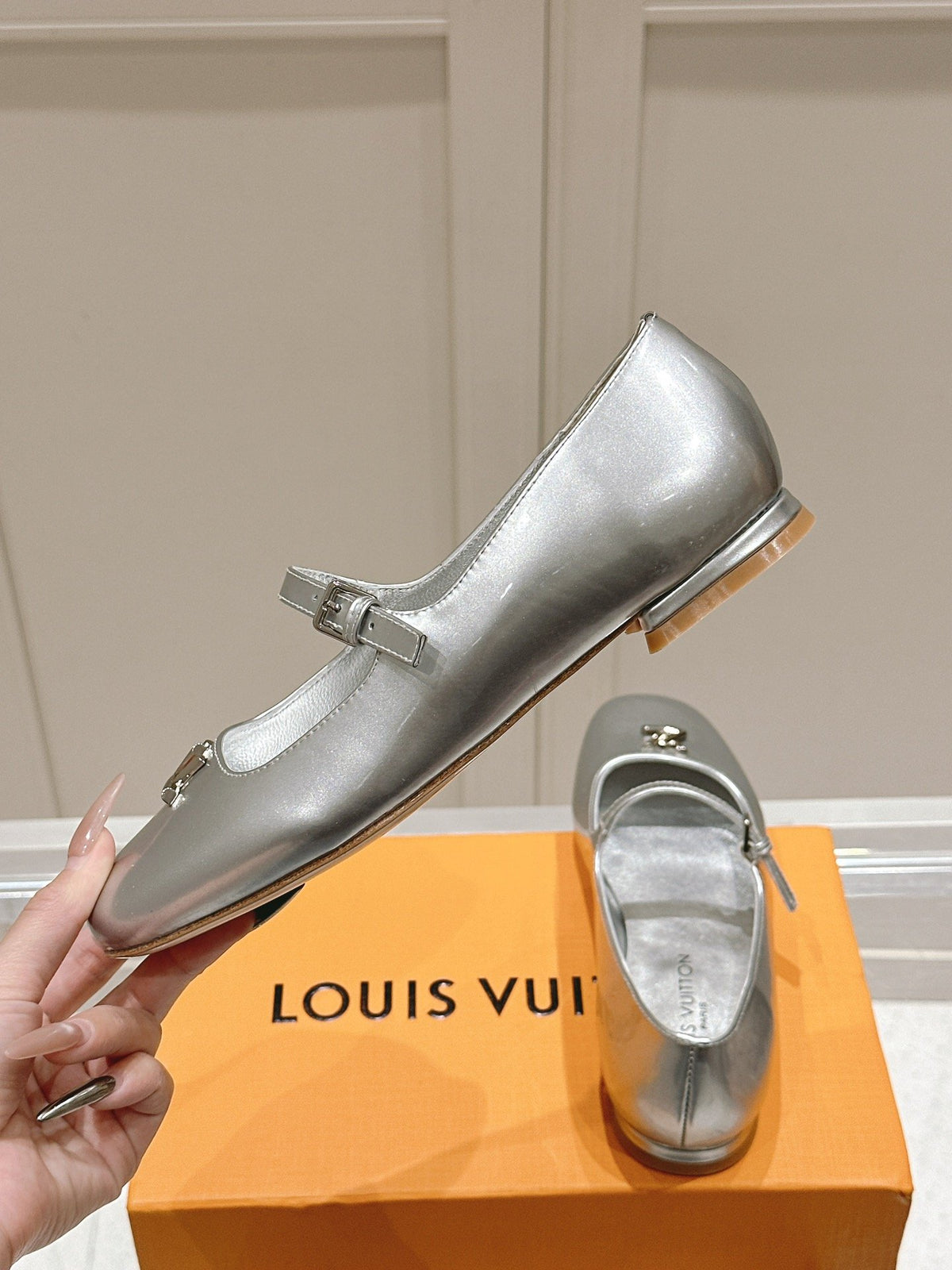 LV Women Silver Leather Mary Jane Flats