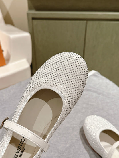 LV Women White Mesh Mary Jane Flats