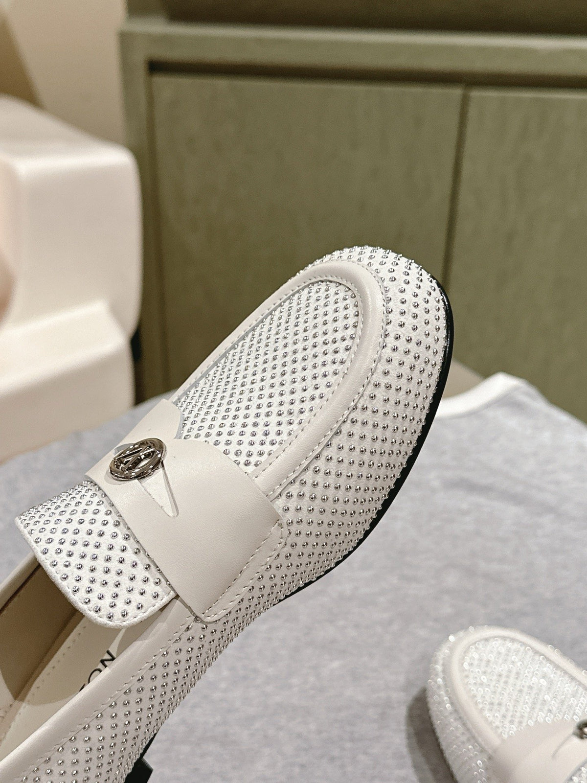 LV Women White Leather Studded Loafers